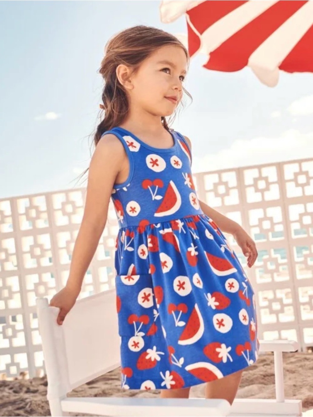 Hanna Andersson sz 6/7 Sleeveless Playground Dress w Pockets Fruit Party in Blue